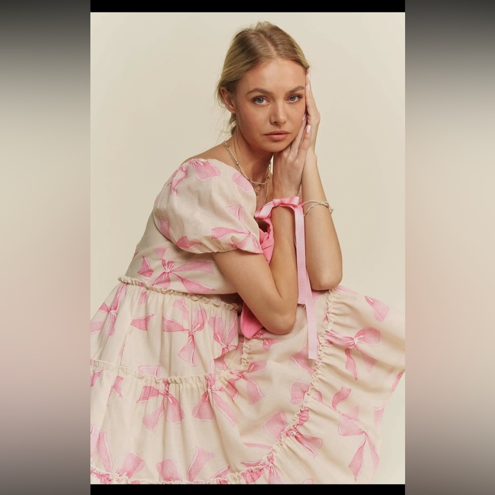 Pink Bow Puff Sleeve Dress - Picture 7 of 10